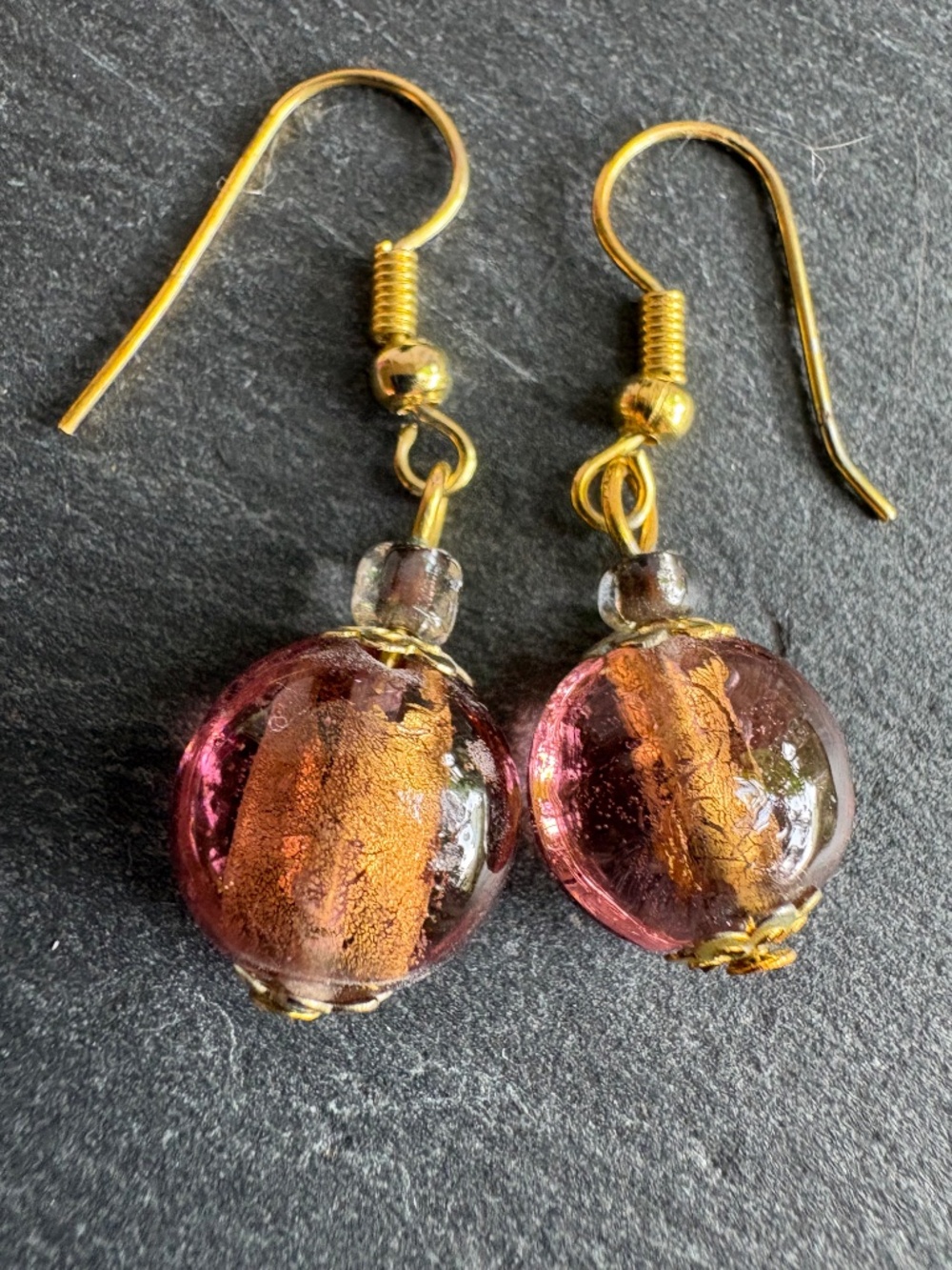 Vintage Murano Glass Gold Foil Earrings Pink Venetian Lampwork Drop Dangles - Picture 6 of 6